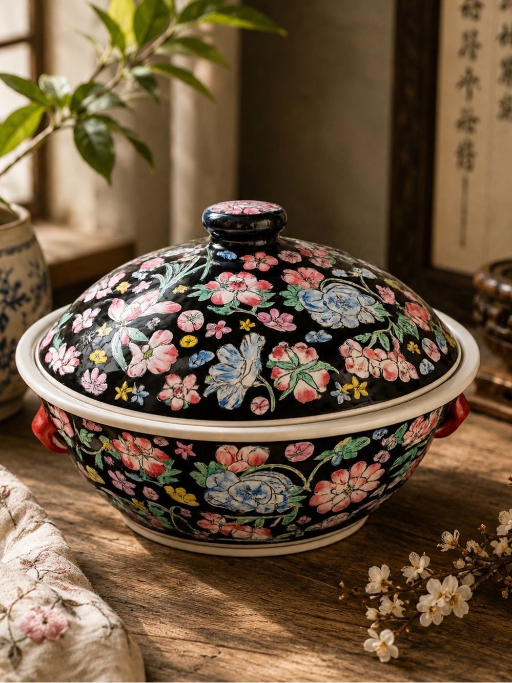 Vintage Jingdezhen Famille Noire Millefleur Covered Tureen China 09